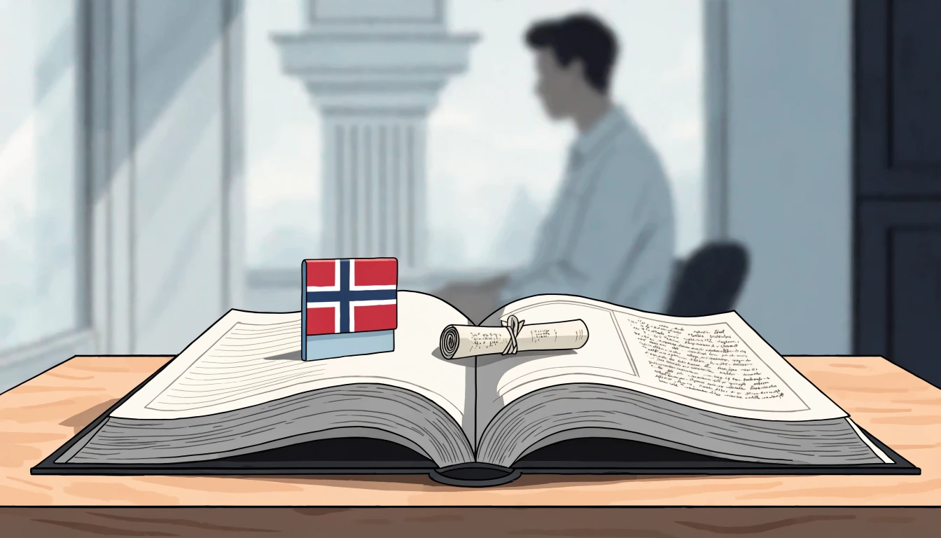 Åpen bok med norsk flagg på skrivebord i nordisk interiør